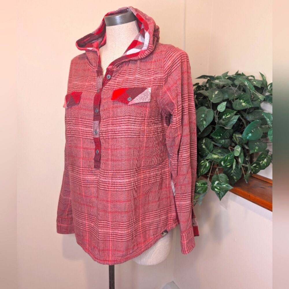 prAna Plaid Mixed-Print Hoodie Button-Up Shirt – Red/Maroon – Women’s Medium